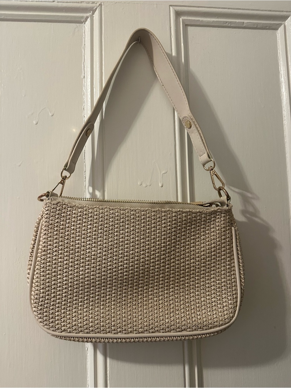 Cream Woven Shoulder Bag with Top Zip